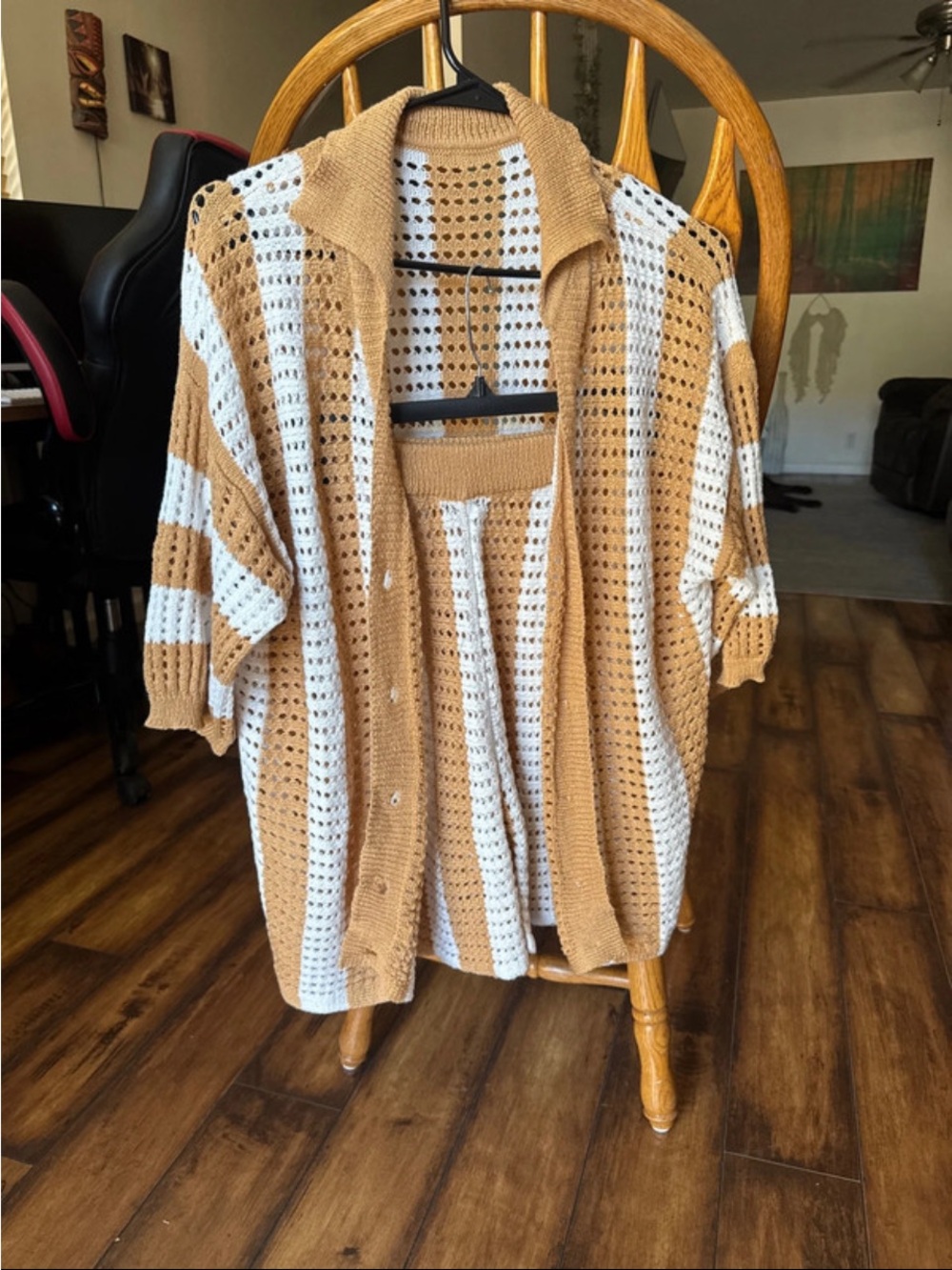 Open-Weave Striped Cardigan - Tan and White